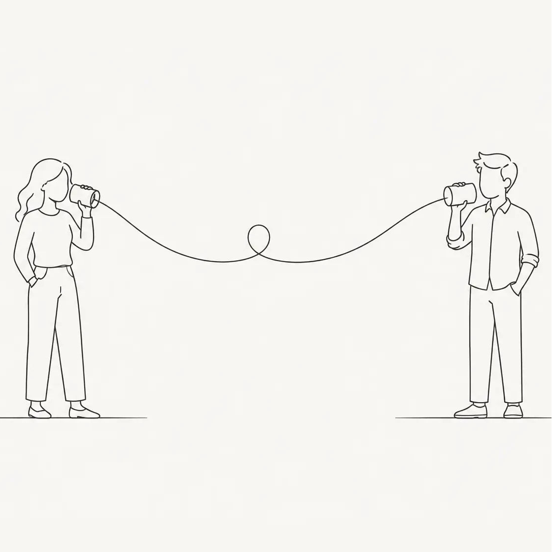 Two people using a string telephone on a white background